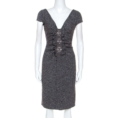 Pre-owned Valentino Grey Boucle Knit Wool Blend Embellshed Detail Dress M