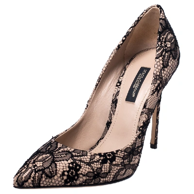 Pre-owned Dolce & Gabbana Black/beige Floral Lace Pointed Toe Pumps Size 35