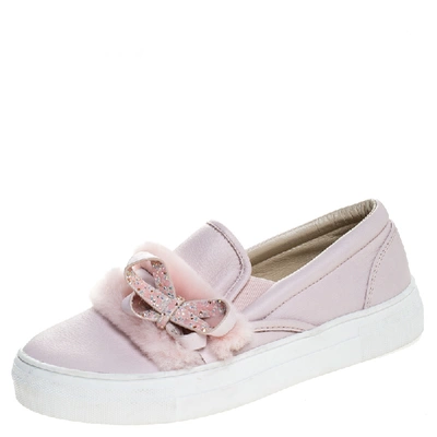 Pre-owned Sophia Webster Pink Leather And Fur Embellished Bow Slip On Sneakers Size 37