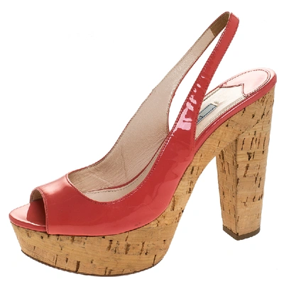 Pre-owned Prada Pink Patent Leather Cork Platform Slingback Sandals Size 36