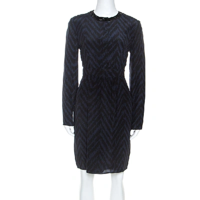 Pre-owned Burberry Black & Blue Printed Silk Collar Detail Midi Dress M