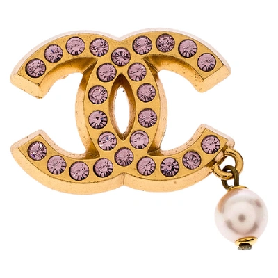 Pre-owned Chanel Cc Crystal Faux Pearl Gold Tone Pin Brooch