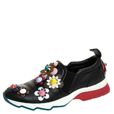 Pre-owned Fendi Black Leather Flowerland Slip On Sneakers Size 37 In Multicolor