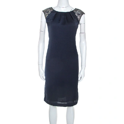 Pre-owned Tory Burch Navy Blue Embellished Satin Sleeveless Shift Dress M