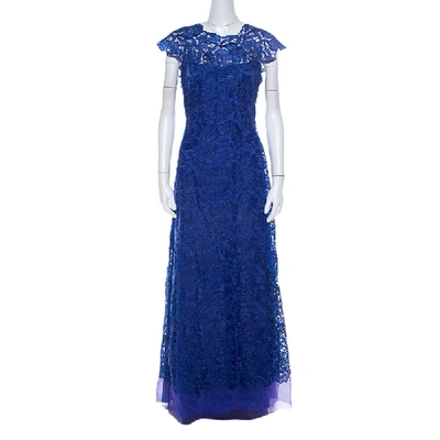 Pre-owned Tadashi Shoji Royal Blue Lace Cap Sleeve Milien Evening Gown L