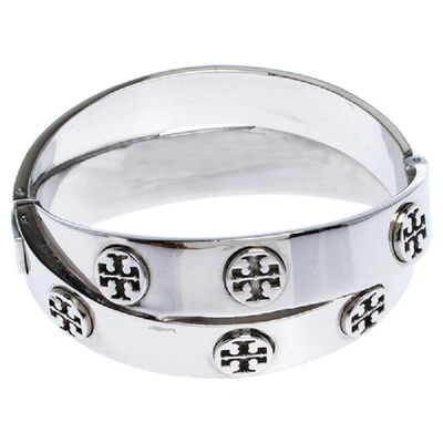 Pre-owned Tory Burch Silver Tone Metal Logo Double Wrap Bracelet
