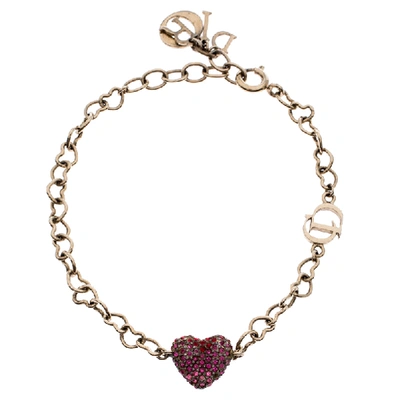 Pre-owned Dior Silver Tone Pink & Red Crystal Studded Heart Charm Bracelet