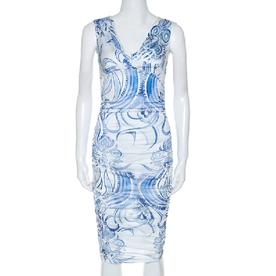 Pre-owned Emilio Pucci Blue And White Printed Ruched Sleeveless Dress S