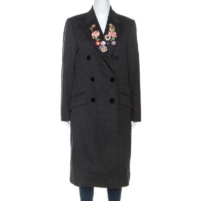 Pre-owned Dolce & Gabbana Dark Grey Wool Crystal Embellished Long Coat M