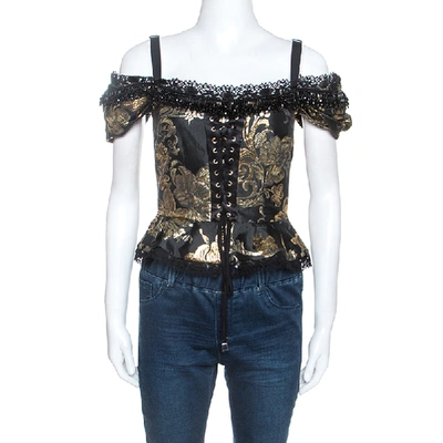 Pre-owned Dolce & Gabbana Black And Gold Jacquard Off Shoulder Corset Top S