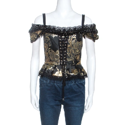 Pre-owned Dolce & Gabbana Black And Gold Jacquard Off Shoulder Corset Top M