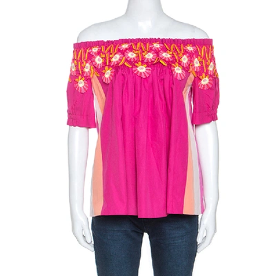 Pre-owned Peter Pilotto Pink Cotton Lace Detail Panelled Off-shoulder Top L