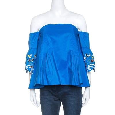 Pre-owned Peter Pilotto Blue Taffeta Embroidery Detail Belted Off Shoulder Top M