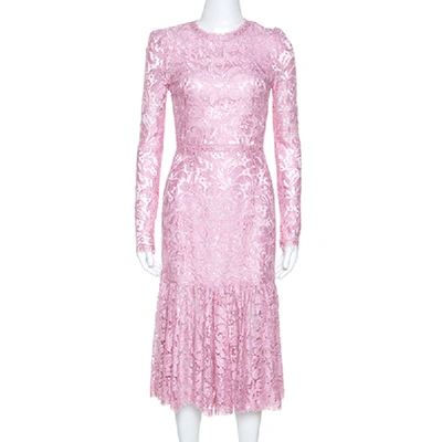 Pre-owned Dolce & Gabbana Pink Lace Flounce Midi Dress S