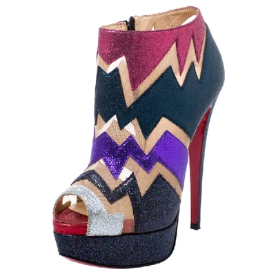 Pre-owned Christian Louboutin Mutlicolor Glitter Ziggy Peep Toe Ankle Booties Size 36 In Multicolor
