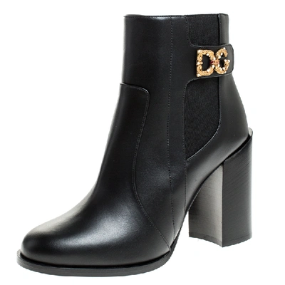 Pre-owned Dolce & Gabbana Black Leather Logo Detail Ankle Boots Size 38