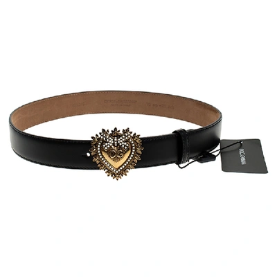 Pre-owned Dolce & Gabbana Black Leather Devotion Heart Buckle Belt 75cm
