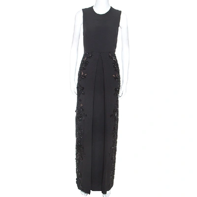 Pre-owned Elie Saab Black Crepe Tulle Embellished Sleeveless Maxi Gown S