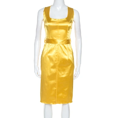 Pre-owned Dolce & Gabbana Yellow Stretch Satin Sleeveless Sheath Dress M