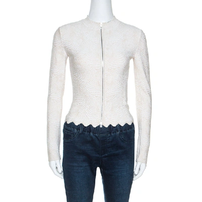 Pre-owned Alaïa Cream Jacquard Lurex Knit Zip Front Cardigan S