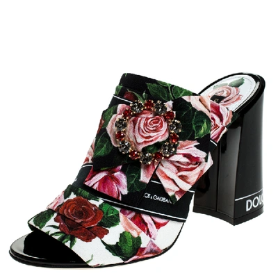 Pre-owned Dolce & Gabbana Multicolor Floral Printed Fabric Crystal Embellished Bow Open Toe Mules Size 37.5