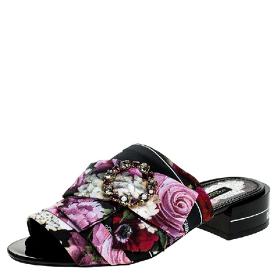 Pre-owned Dolce & Gabbana Multicolor Floral Printed Fabric Crystal Embellished Bow Open Toe Flat Mules Size 36