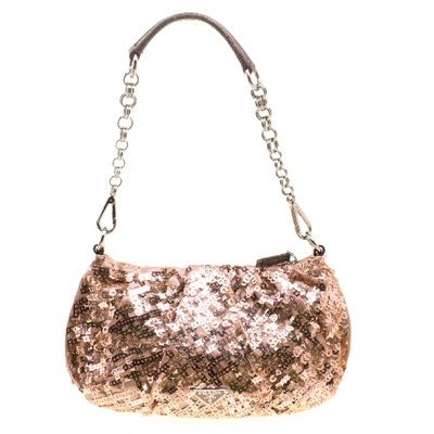 Pre-owned Prada Blush Pink/bronze Satin Sequin Embellished Shoulder Bag