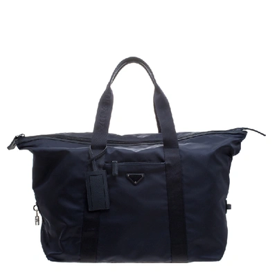 Pre-owned Prada Navy Blue Nylon Weekender Bag