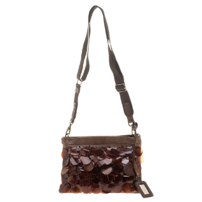 Pre-owned Miu Miu Brown Leather Windowpane Shell Embellished Crossbody Bag