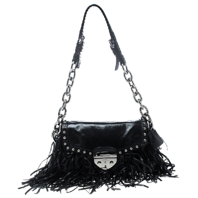 Pre-owned Prada Black Vitello Shine Leather Fringe Shoulder Bag
