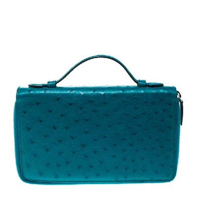 Pre-owned Gucci Turquoise Ostrich Leather Travel Document Case In Blue