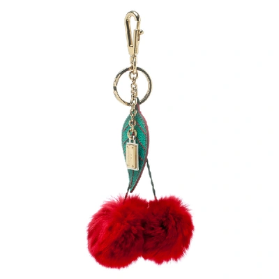 Pre-owned Dolce & Gabbana Red Cherry Pom Pom Gold Tone Key Ring / Bag Charm