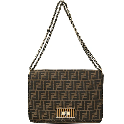 Pre-owned Fendi Tobacco Zucca Canvas Large Claudia Flap Bag In Brown