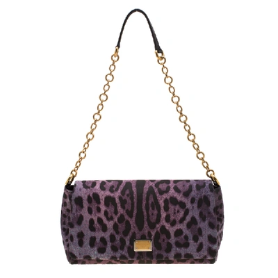 Pre-owned Dolce & Gabbana Purple Leopard Print Canvas And Leather Flap Shoulder Bag