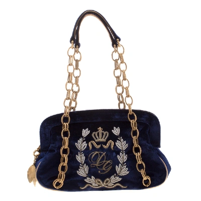 Pre-owned Dolce & Gabbana Royal Blue Embroidered Velvet Frame Shoulder Bag