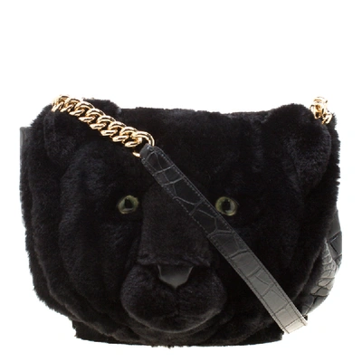 Pre-owned Dolce & Gabbana Black Fur And Croc Embossed Leather Dg Millennials Panther Shoulder Bag