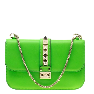 Pre-owned Valentino Garavani Neon Green Leather Rockstud Medium Glam Lock Flap Bag