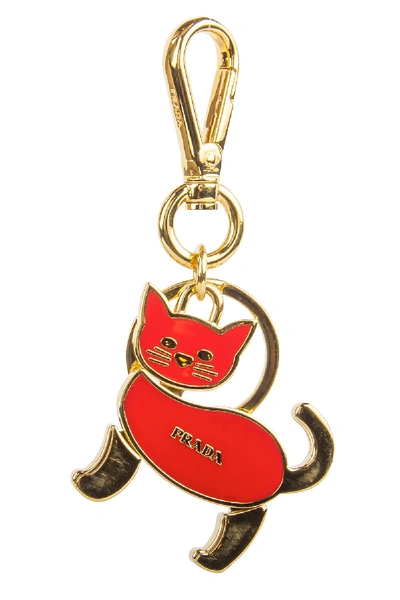 Pre-owned Prada Red Enamel Gold Tone Cat Bag Charm / Key Ring