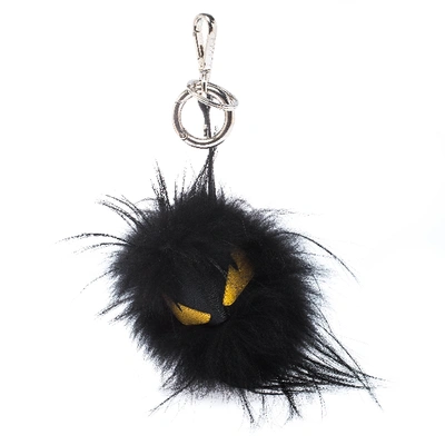 Pre-owned Fendi Bag Bug Yellow Eyes Black Fur Leather Key Chain / Bag Charm