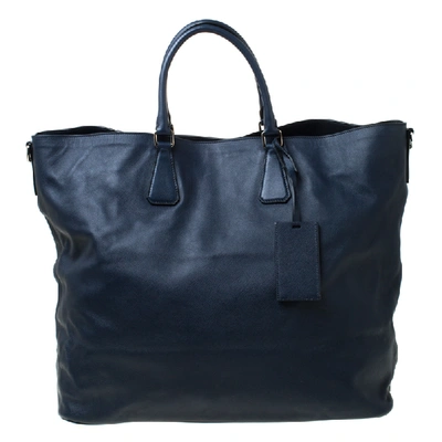 Pre-owned Prada Navy Blue Saffiano Soft Leather Weekender Bag