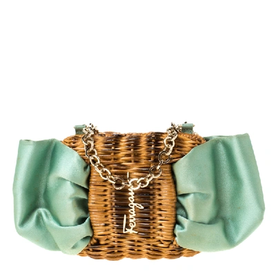 Pre-owned Ferragamo Mint Green/brown Rattan And Satin Bow Chain Clutch