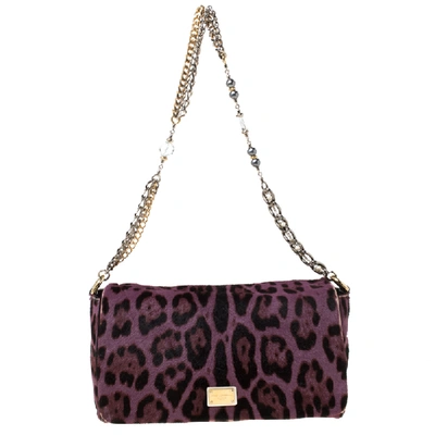 Pre-owned Dolce & Gabbana Purple Leopard Print Calfhair Chain Shoulder Bag