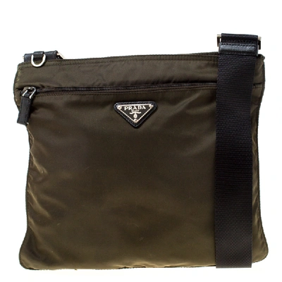 Pre-owned Prada Olive Green Nylon Crossbody Bag