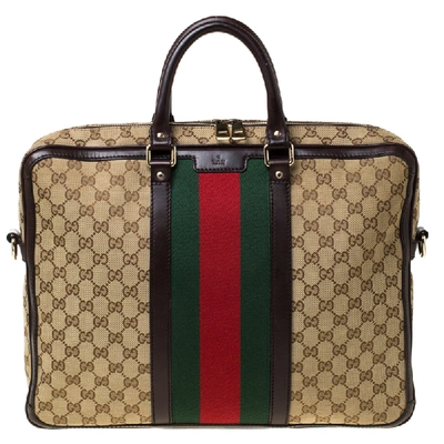 Pre-owned Gucci Beige/ebony Gg Monogram Web Canvas And Leather Briefcase