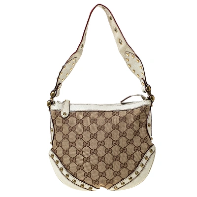 Pre-owned Gucci Beige/cream Monogram Canvas And Leather Pelham Studded Shoulder Bag