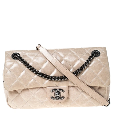 Pre-owned Chanel Beige Glazed Calfskin Quilted Leather Medium Duo Color Flap Bag