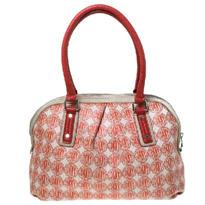Pre-owned Dkny Red/white Signature Pvc And Leather Dome Satchel