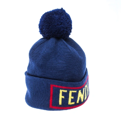 Pre-owned Fendi Blue Logo Intarsia Knit Wool Beanie ( One Size )