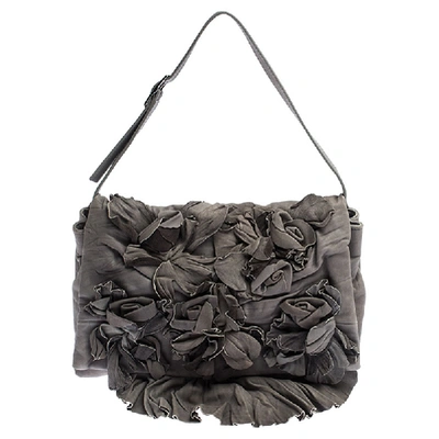 Pre-owned Valentino Garavani Grey Floral Applique Leather Flap Shoulder Bag