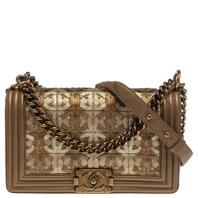 Pre-owned Chanel Gold Leather Cc Cutout Medium Boy Flap Bag